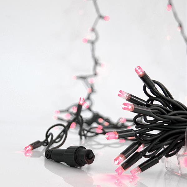 Σειρά 100 LED 5mm, 230V, επέκταση έως 9, προέκταση παροχής 150cm, καουτσούκ, πράσινο καλώδιο, ροζ Led, ανά 10cm, ΙΡ65