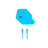 SmartCharger GAN 20W PD Ταχυφορτιστής Ταξιδιού USB-C - USB-C 3A Καλώδιο 120cm, Neon Μπλέ